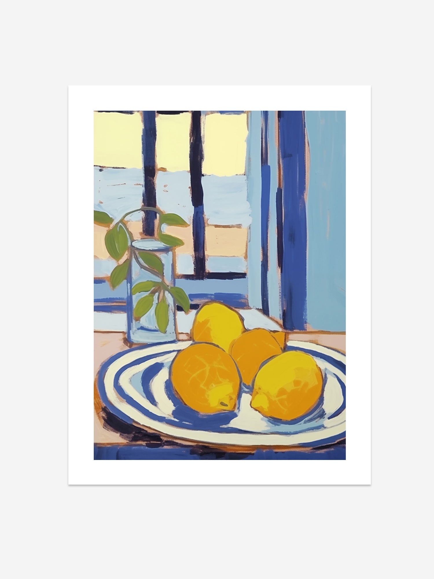 Bright Lemons Still Life with Blue Accents – Modern Kitchen Art Print