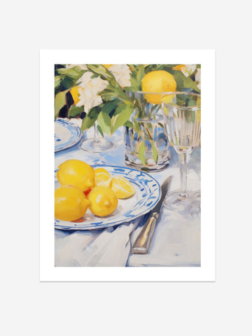 Elegant Lemon Table Setting – Vibrant Still Life Art Print for Kitchen Decor