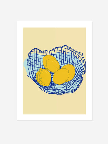 Modern Lemons in Blue Wire Basket Art Print – Minimalist Fruit Wall Decor