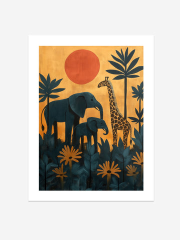 Elephants and Giraffe Safari Art Print – Wildlife Wall Art – African Animals Art