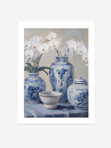 Orchids and Blue Porcelain Still Life Art Print