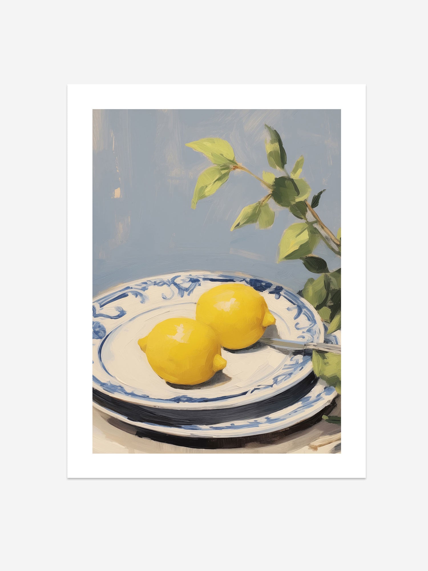 Lemons on Blue and White Plates Art Print – Classic Kitchen Decor