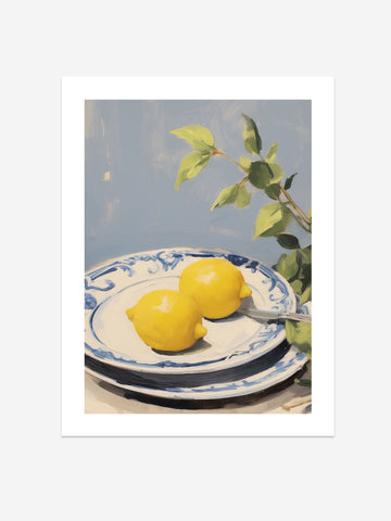 Lemons on Blue and White Plates Art Print – Classic Kitchen Decor