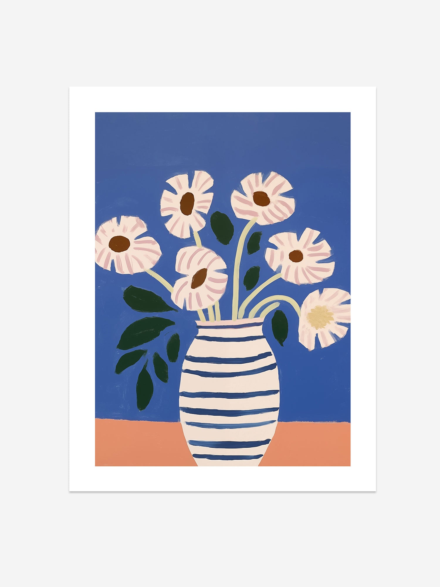 Abstract Floral Art Print – Striped Vase with Daisies on Bold Blue Background