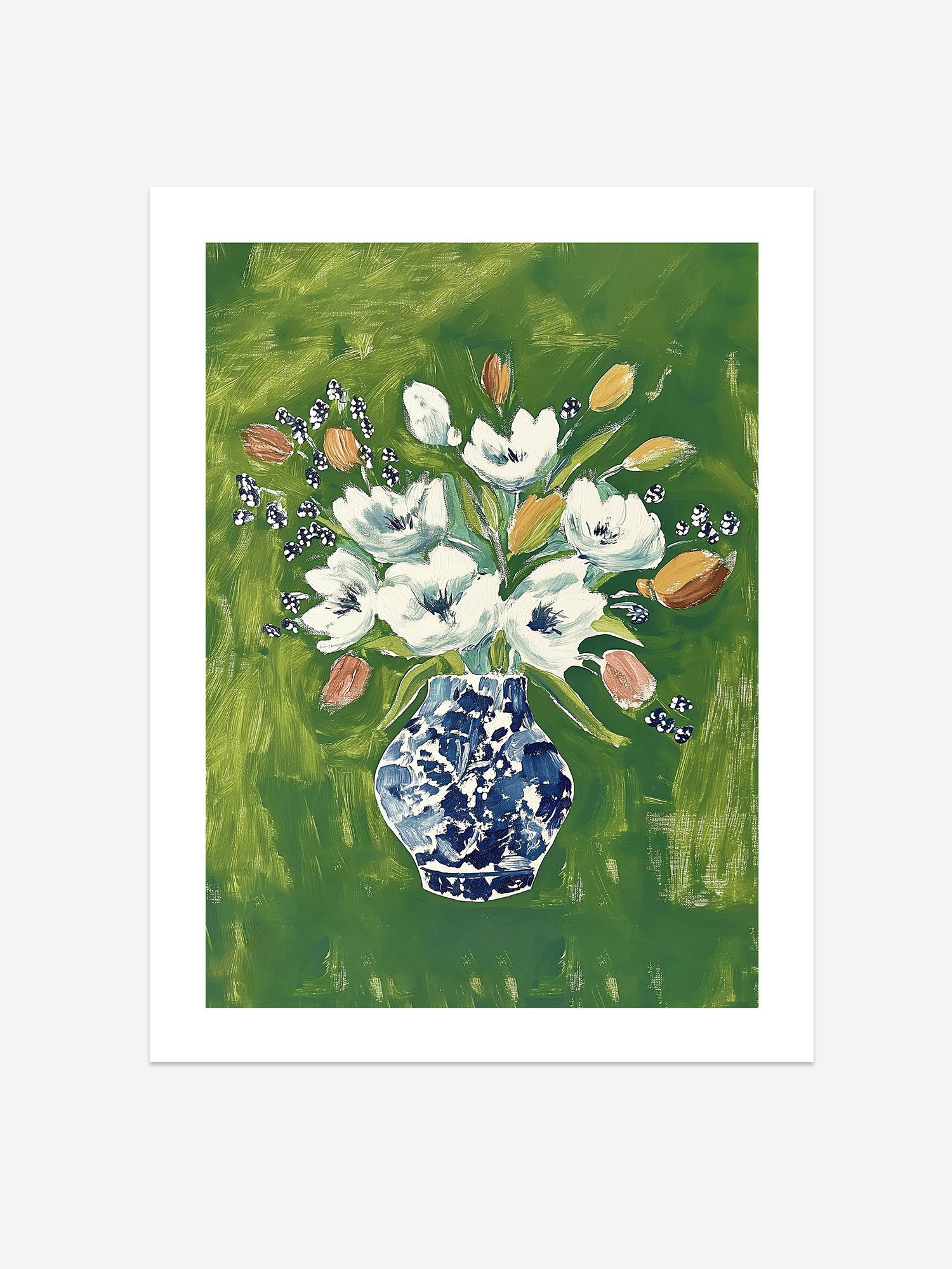 Classic Floral Art Print – White Blooms in Blue Vase on Green Background