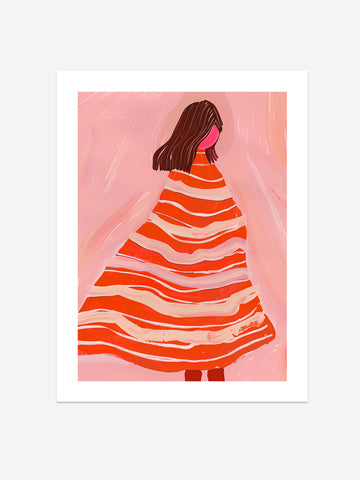 Abstract Portrait Art Print – Woman in Striped Dress on Pink Background