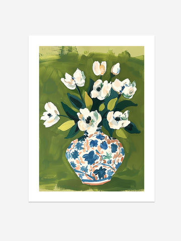 Floral Vase Art Print – Tulips in Patterned Vase on Green Background