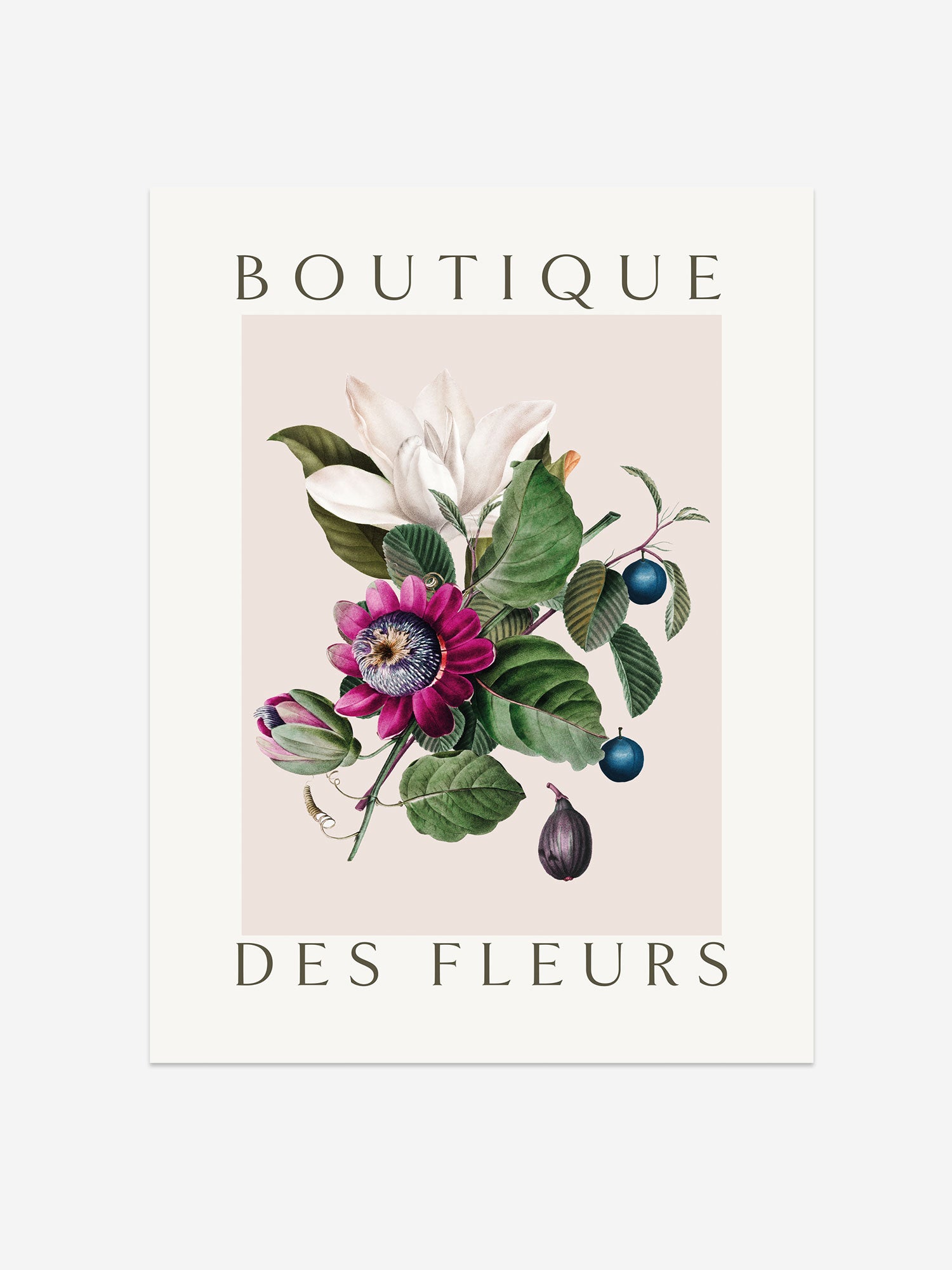 "Boutique des Fleurs" – Elegant Botanical Magnolia & Passionflower Print