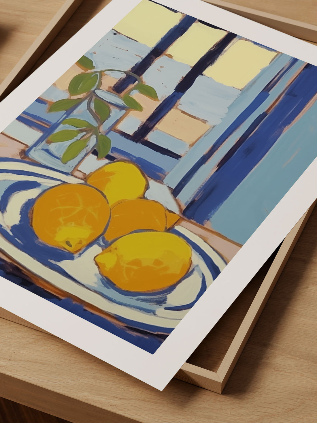 Bright Lemons Still Life with Blue Accents – Modern Kitchen Art Print