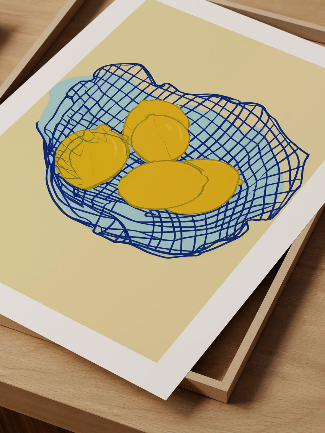 Modern Lemons in Blue Wire Basket Art Print – Minimalist Fruit Wall Decor