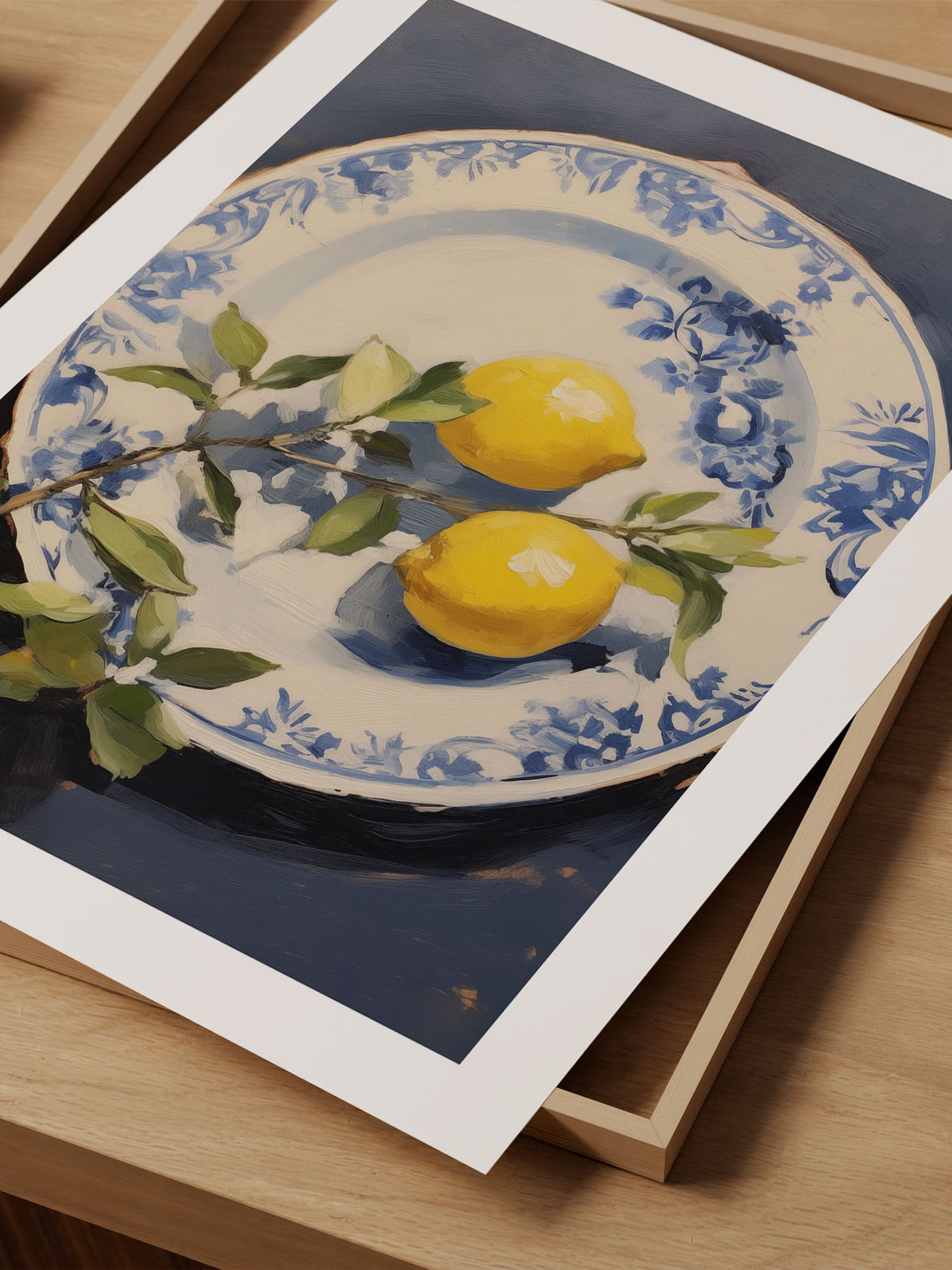 Blue & White Vintage Plate with Lemons Art Print – Classic Still Life Wall Decor