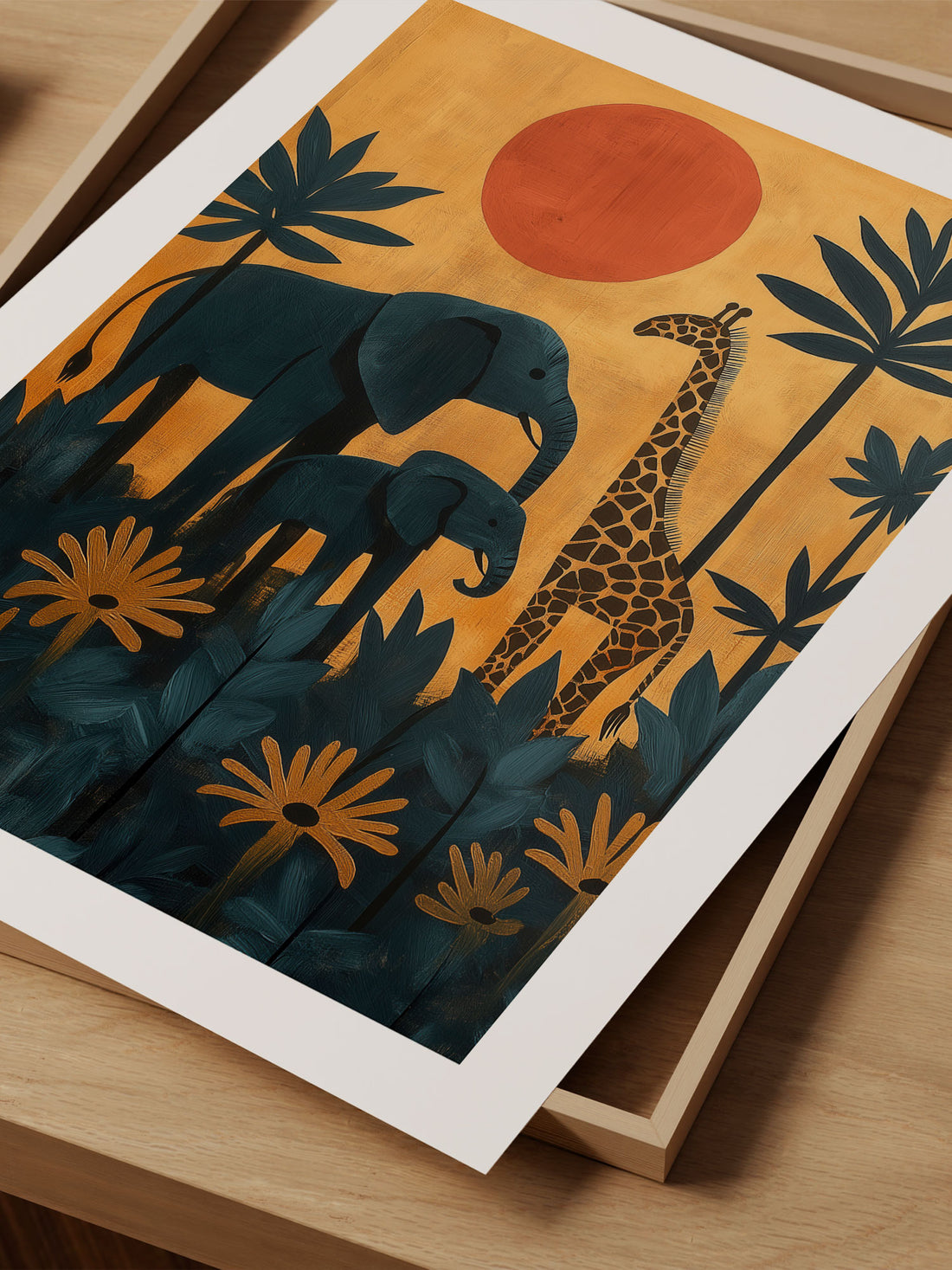 Elephants and Giraffe Safari Art Print – Wildlife Wall Art – African Animals Art