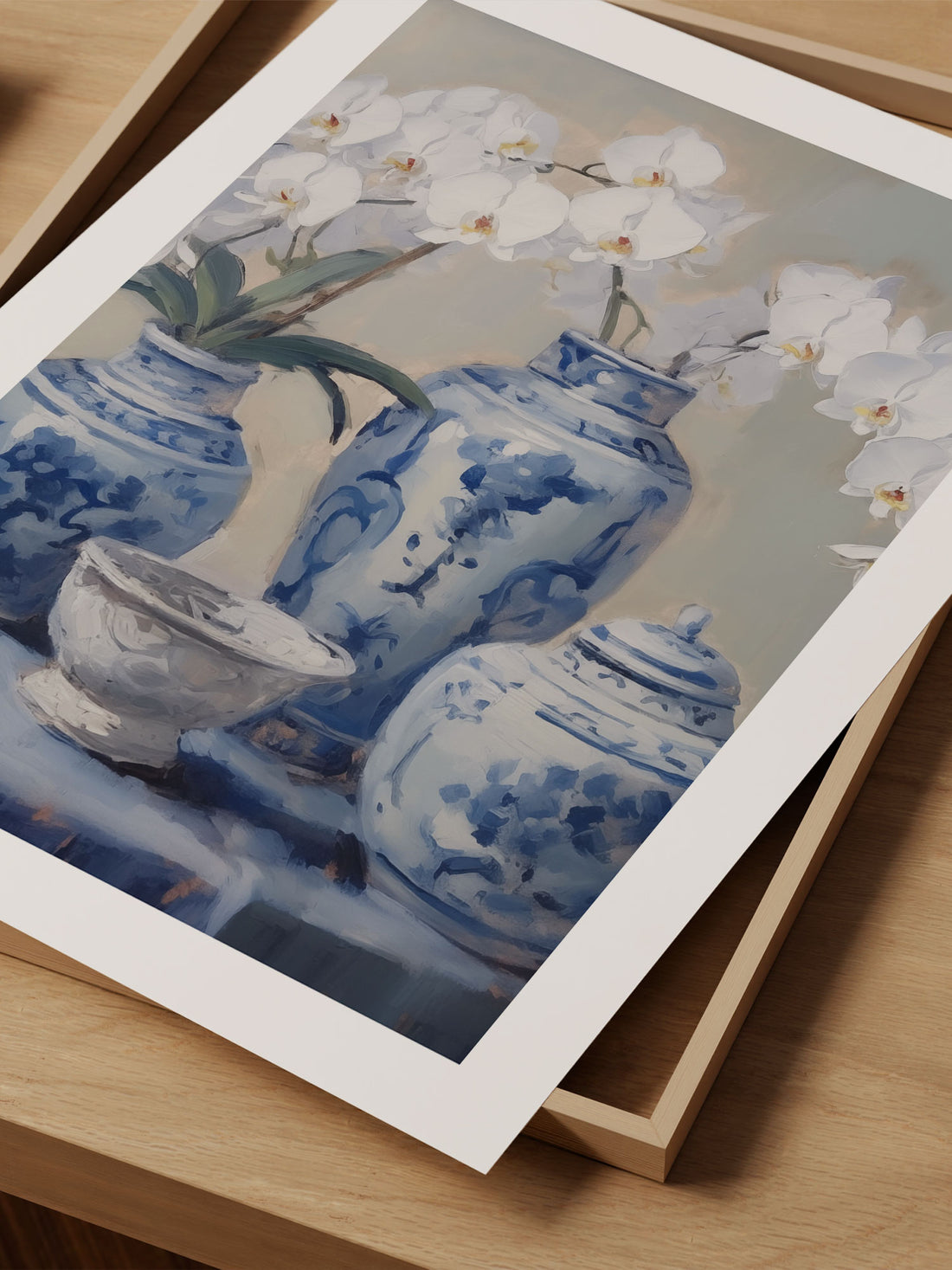 Orchids and Blue Porcelain Still Life Art Print