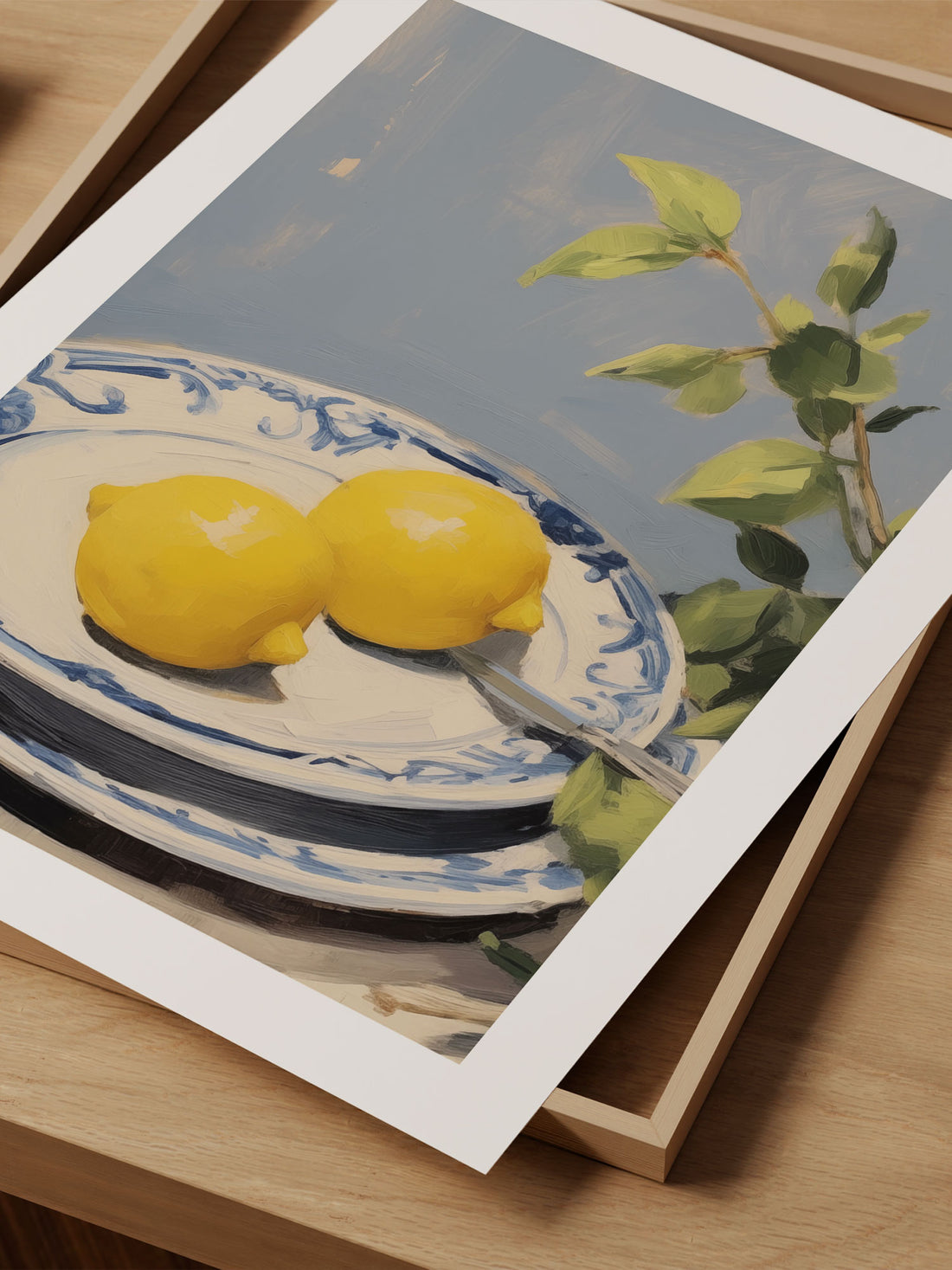 Lemons on Blue and White Plates Art Print – Classic Kitchen Decor