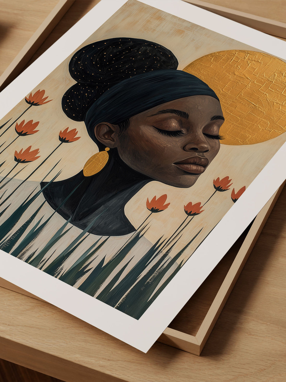 Golden Sun African Woman Art Print – Ethnic Portrait Wall Art – Afrocentric Decor