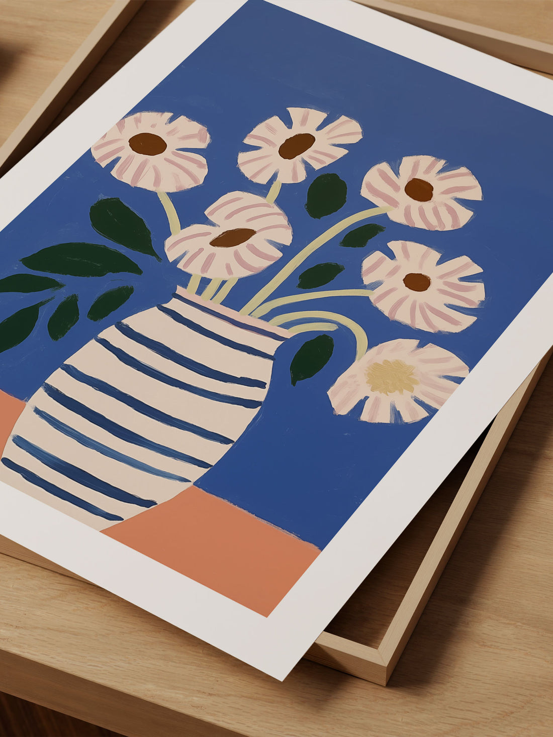 Abstract Floral Art Print – Striped Vase with Daisies on Bold Blue Background