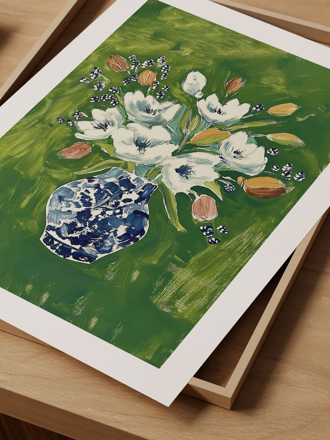 Classic Floral Art Print – White Blooms in Blue Vase on Green Background