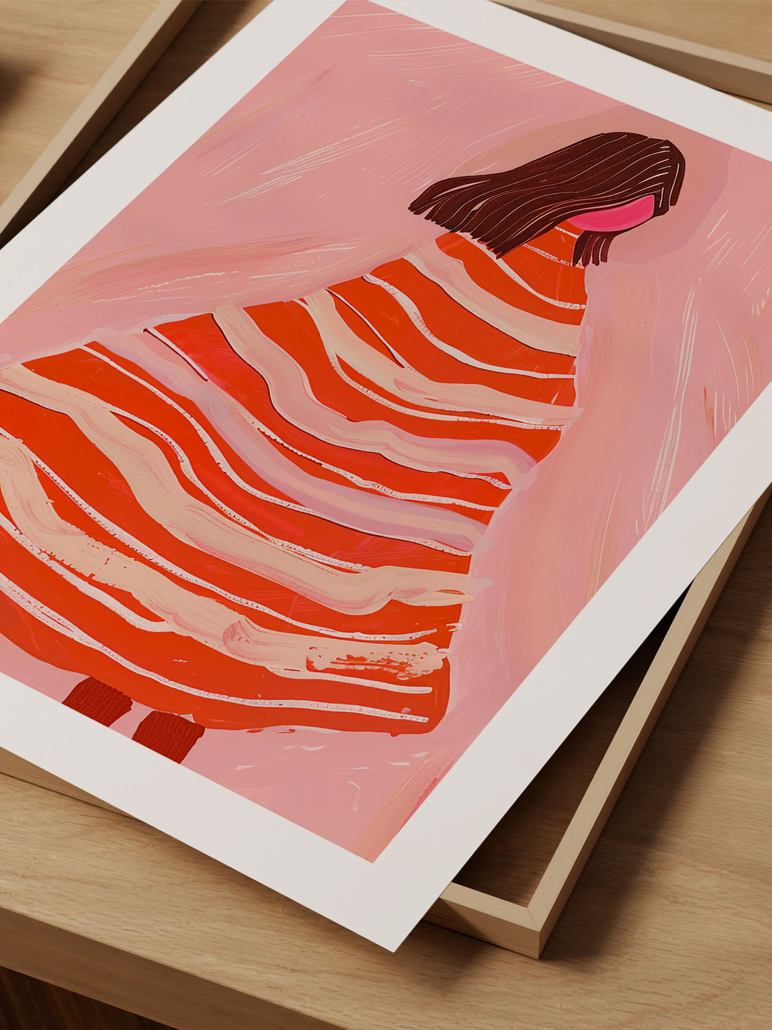 Abstract Portrait Art Print – Woman in Striped Dress on Pink Background