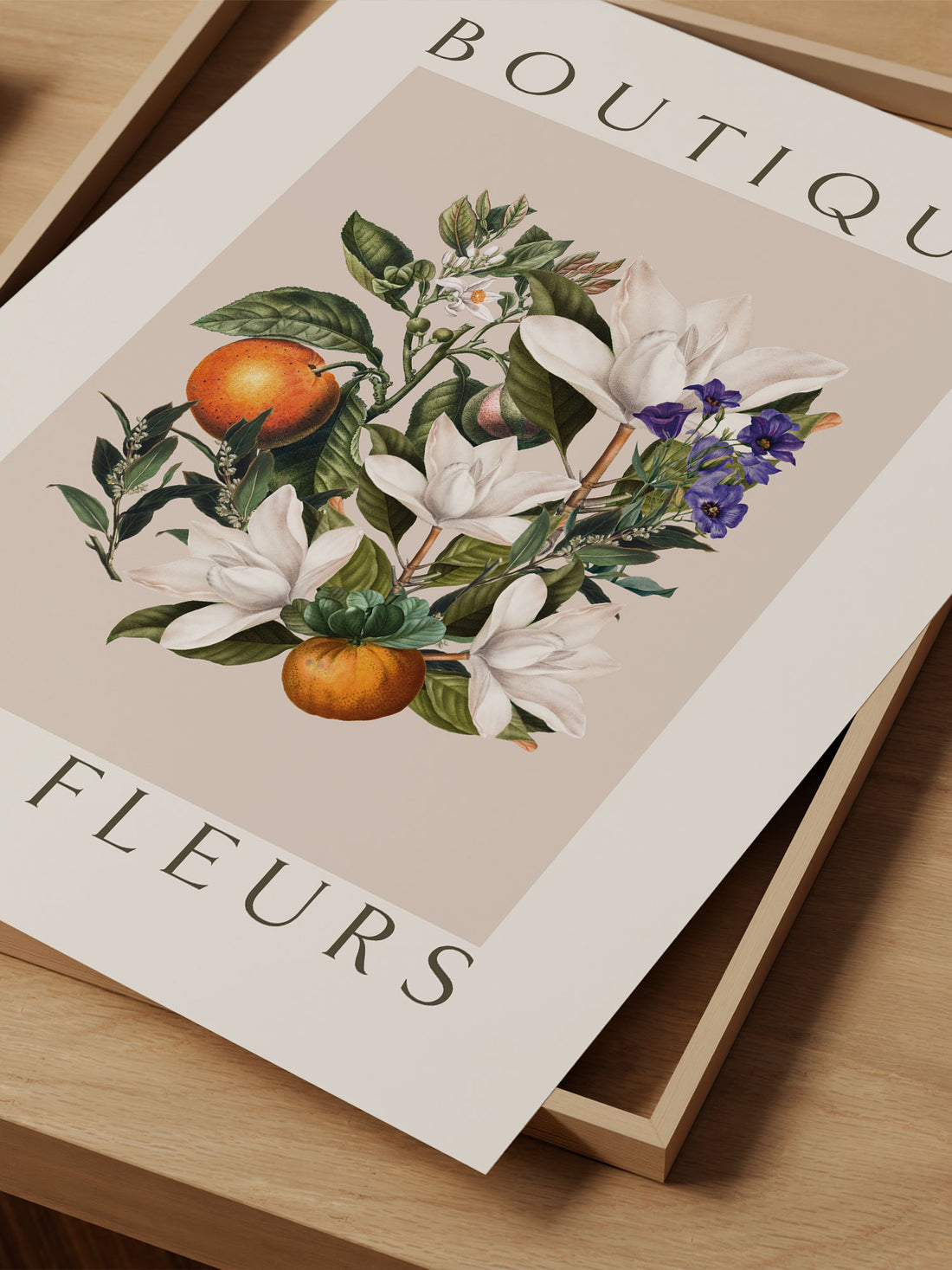 "Boutique des Fleurs" – Classic Botanical Magnolia & Orange Print